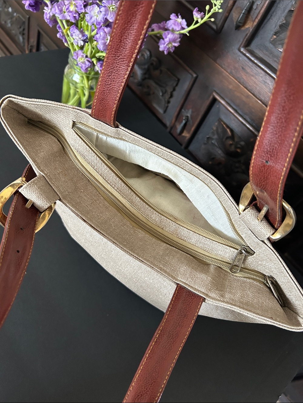 Beautiful Beige Canvas Tote with Brown Leather Straps - Picture 9 of 13